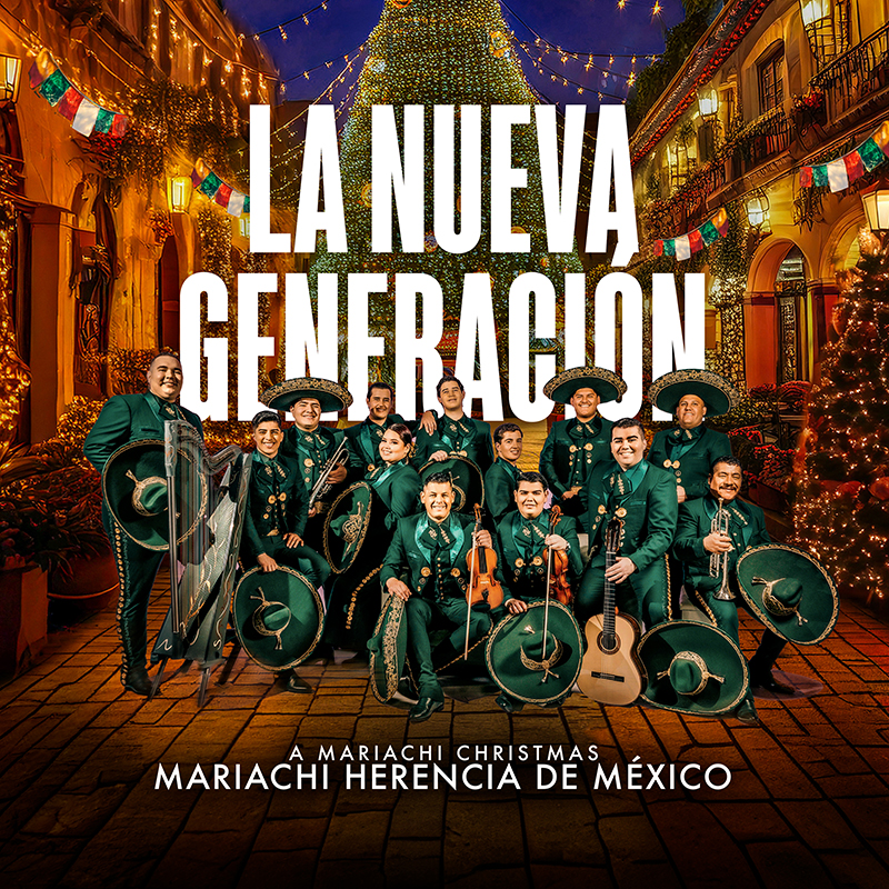 Group of mariachi musicians in green attire in a festive, illuminated street with a Christmas tree.              