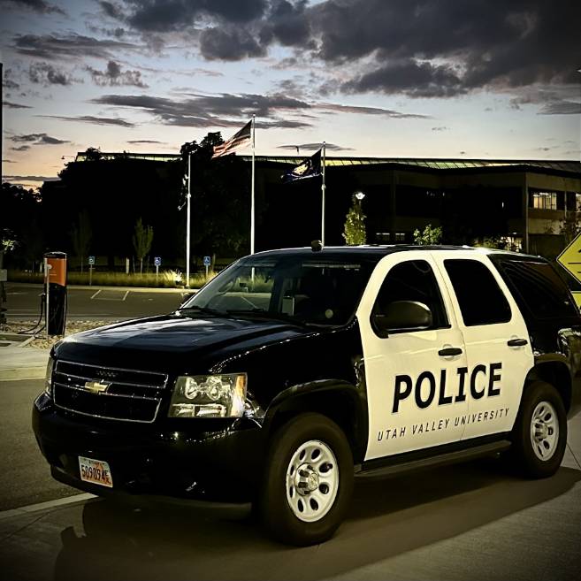 UVU Police Car on campus in the evening