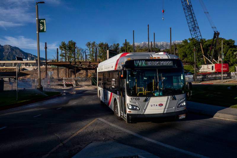 bus with construction in the background