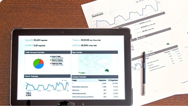 Printed document with graphs and tablet displaying graphs and charts.