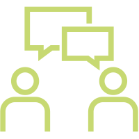 Icon of 2 figures with conversation bubble.