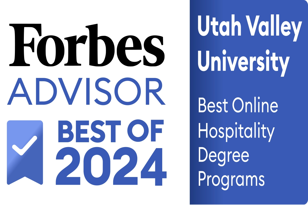 Forbes Advisor List logo with UVU catagory Best Online Hospitality Degree Programs.