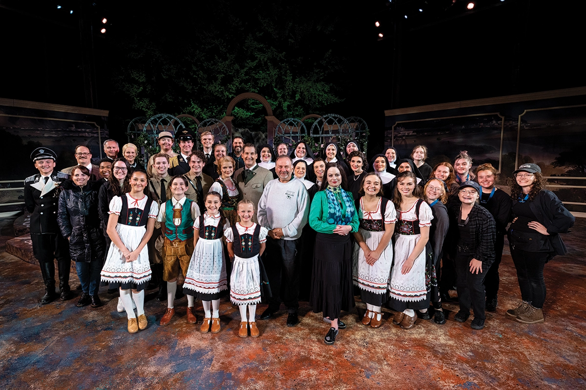 Group photo of the cast and crew from a production of “The Sound of Music,” a collaboration between UVU Department of Theatrical Arts students and the Sundance Summer Theatre. 