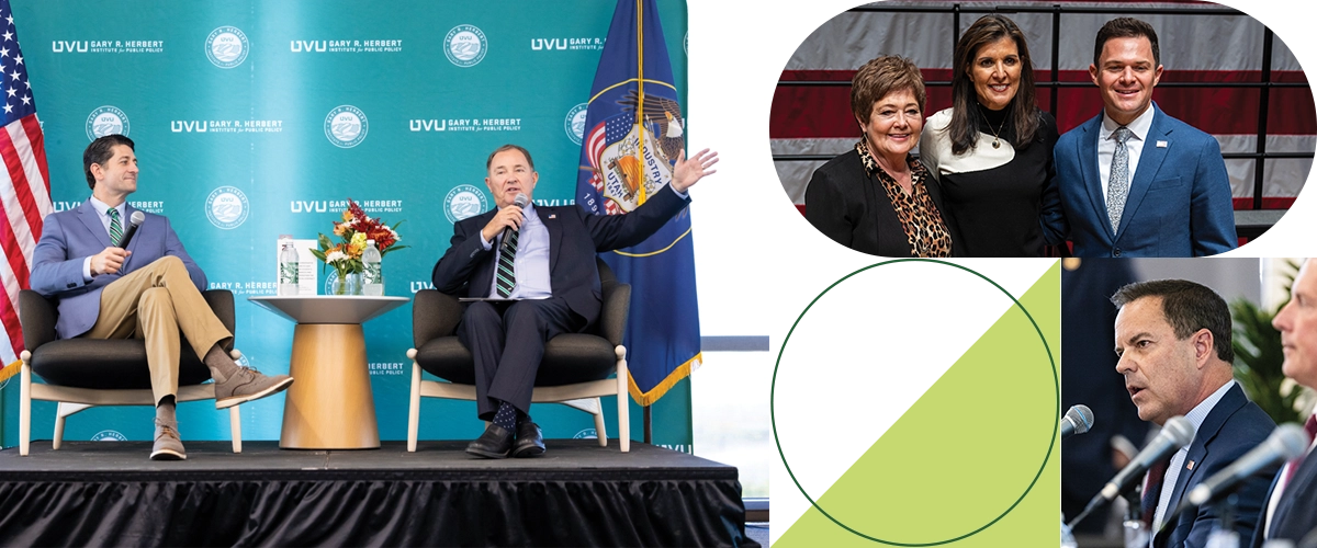 Left: Former U.S. House Speaker Paul Ryan sits in a chair on a stage with former Utah Governor Gary Herbert. Top right: Two people pose with Nikki Haley, former U.S. ambassador to the United Nations. Bottom right: A person wearing a suit and tie speaks into a microphone while seated at a table with others.